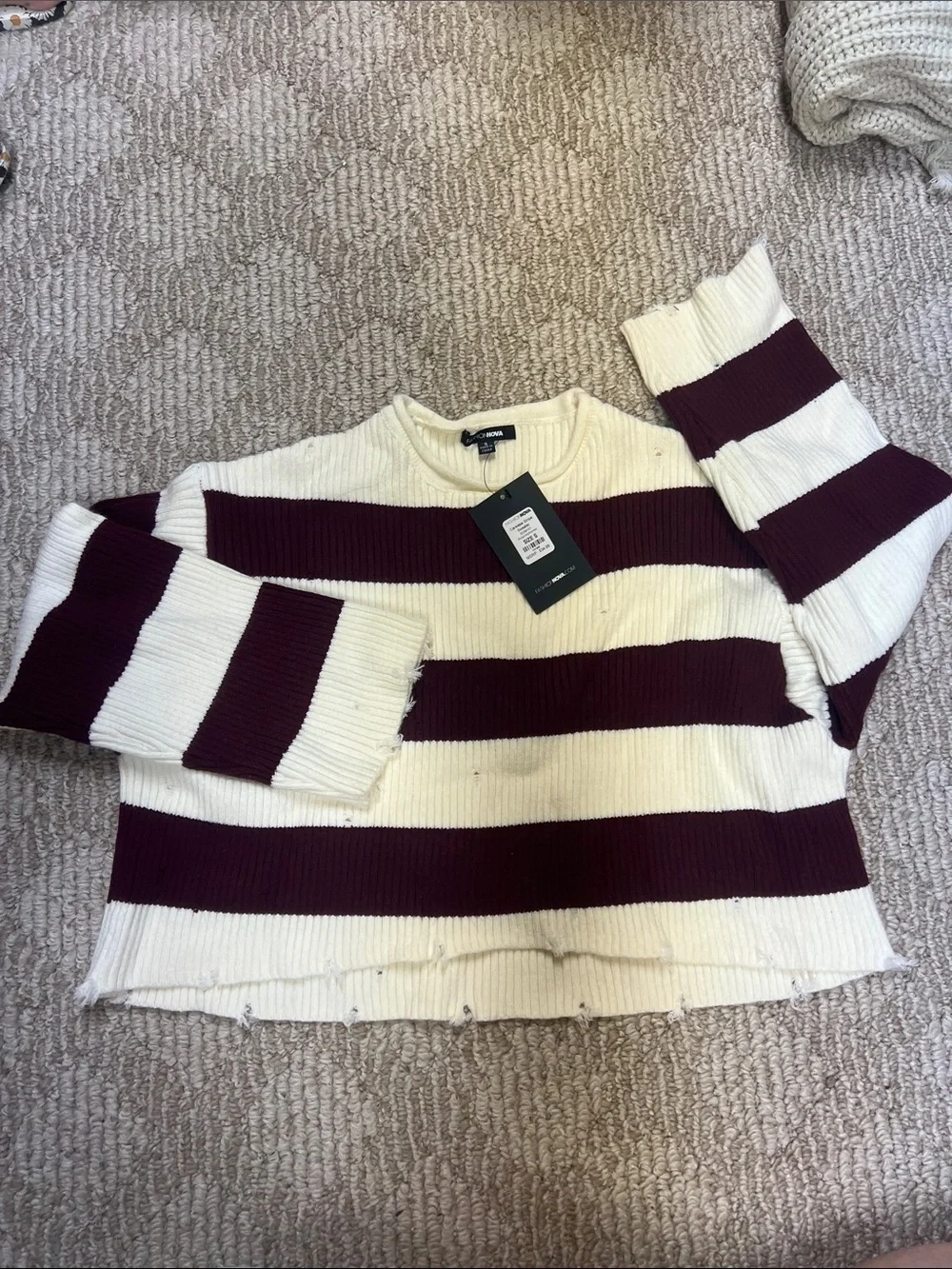Fashion nova Striped Maroon and Cream Crewneck Sweater